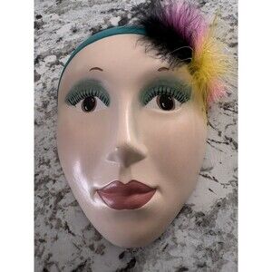 Vtg Decorative Ceramic Face Mask W/ Feathers, Hand Painted 1996 Signed